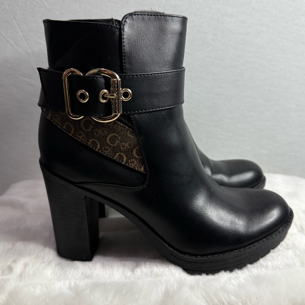 GUESS Black & Brown Logo Heeled Boots with Gold Hardware Detail